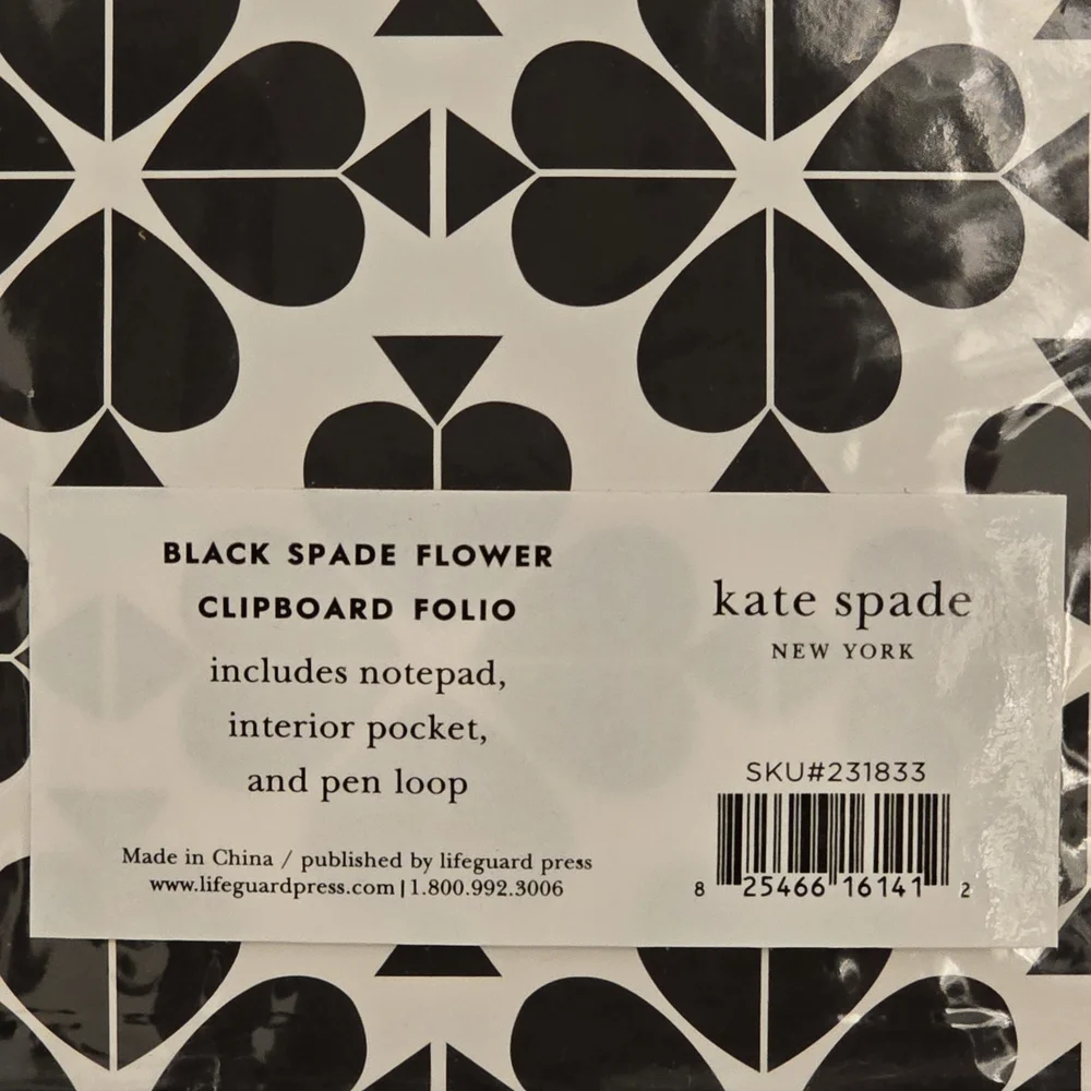NWT Kate Spade Black Spade Flower Clipboard Folio includes Notepad